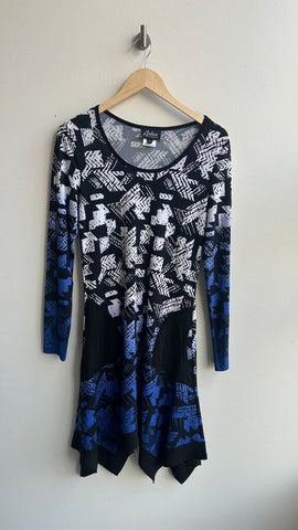 Pre-Owned Artex Black/White/Blue Printed Long Sleeve Dress - Size Small