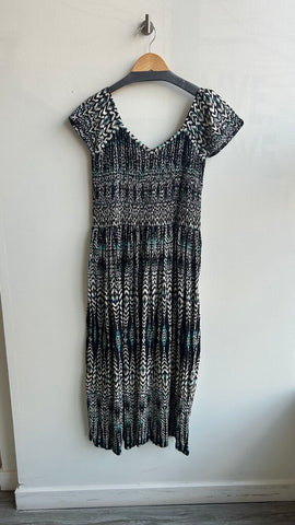 Pre-Owned Papa Vancouver Black/Cream Printed Off-the-Shoulder Smocked Maxi Dress (NWT) - Size Large