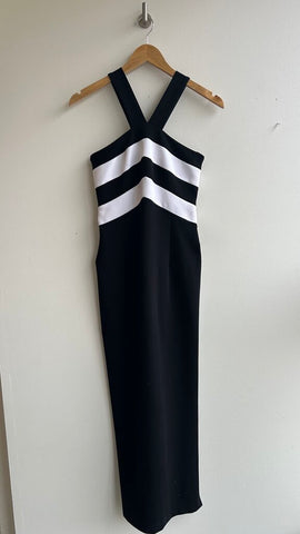 Pre-Owned Mascara Vintage Black V Straps Sleeveless with White Stripes Gown- Size Small (Estimated)
