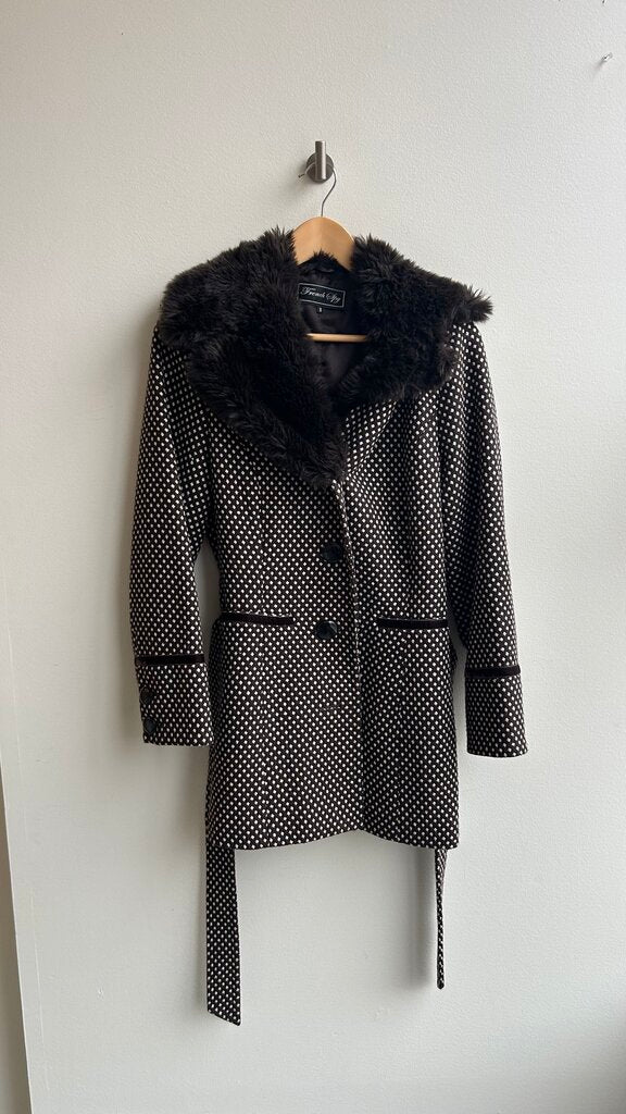 Pre-Owned French Spy Brown Printed Belted Faux Fur Collar Jacket - Size 8