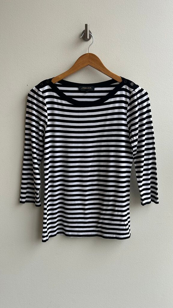 Pre-Owned Jaeger Black/White Stripe 3/4 Sleeve Tee- Size Small