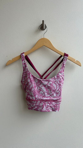 Pre-Owned Lululemon Pink/White Leaf Print Strappy Back Sports Bra - Size 6