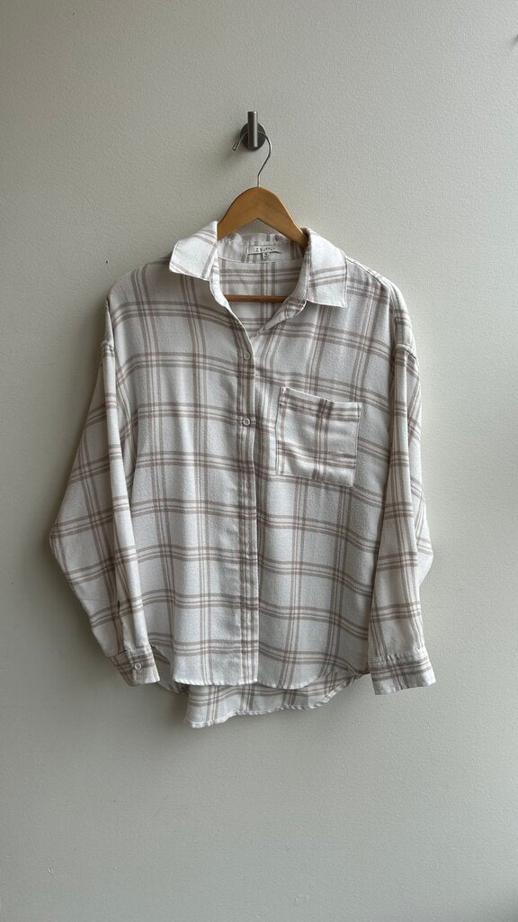 Pre-Owned Z Supply White Tan Plaid Print Button Up Shirt- Size Medium