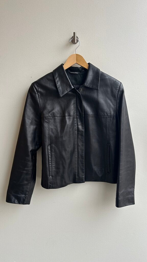 Pre-Owned A&S Selections Black Genuine Leather Zip Up Collared Jacket- Size Large