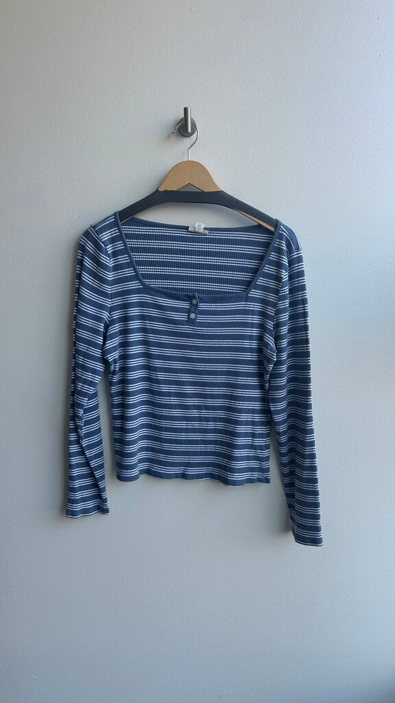 Pre-Owned a.n.a. Blue/White Striped Square Neck Long Sleeve Top- Size X-Large