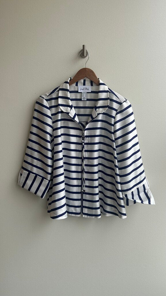 Pre-Owned Joseph Ribkoff White with Blue Stripes Zip Up Poncho Style Jacket- Size 8