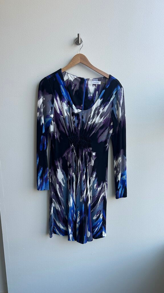 Pre-Owned Calvin Klein Multi Print Blue/Purple/Black/White Marbled Long Sleeve Dress- Size 10