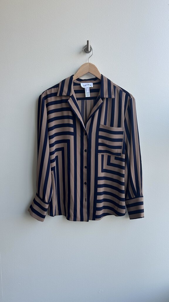 Pre-Owned Joseph Ribkoff Brown/Navy Striped Collared Button Up Long Sleeve Blouse- Size 10