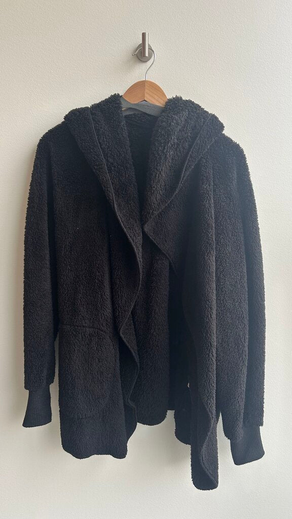 Pre-Owned Hem & Thread Black Teddy Oversized Hooded Open Front Sweater- One Size