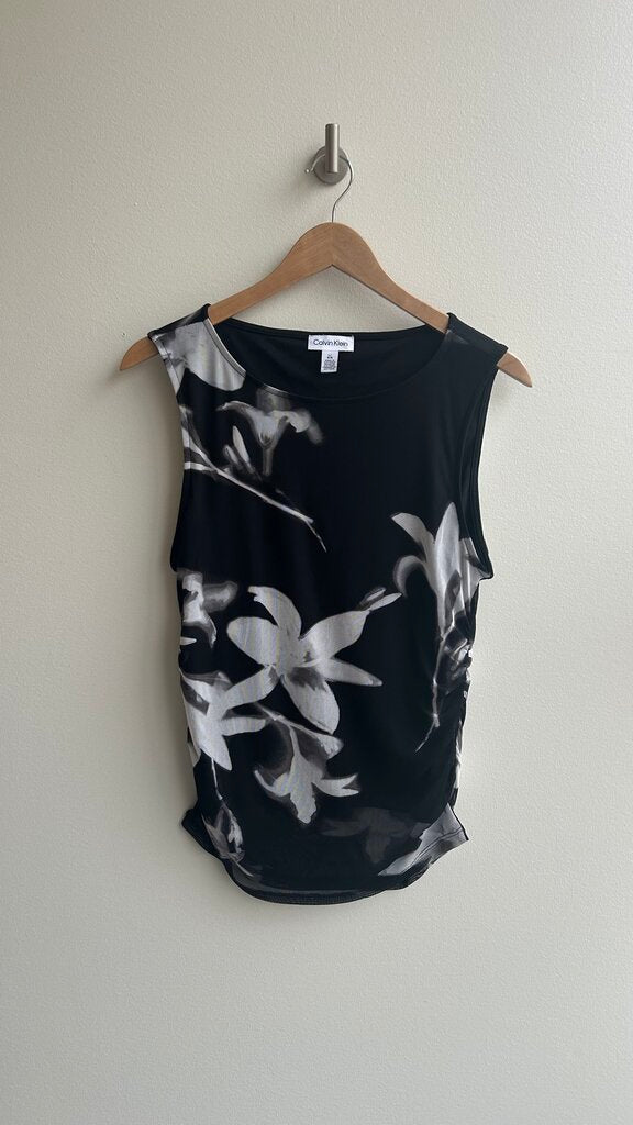 Pre-Owned Calvin Klein Black with White Mesh Lily Overlay Sleeveless Top- Size Large