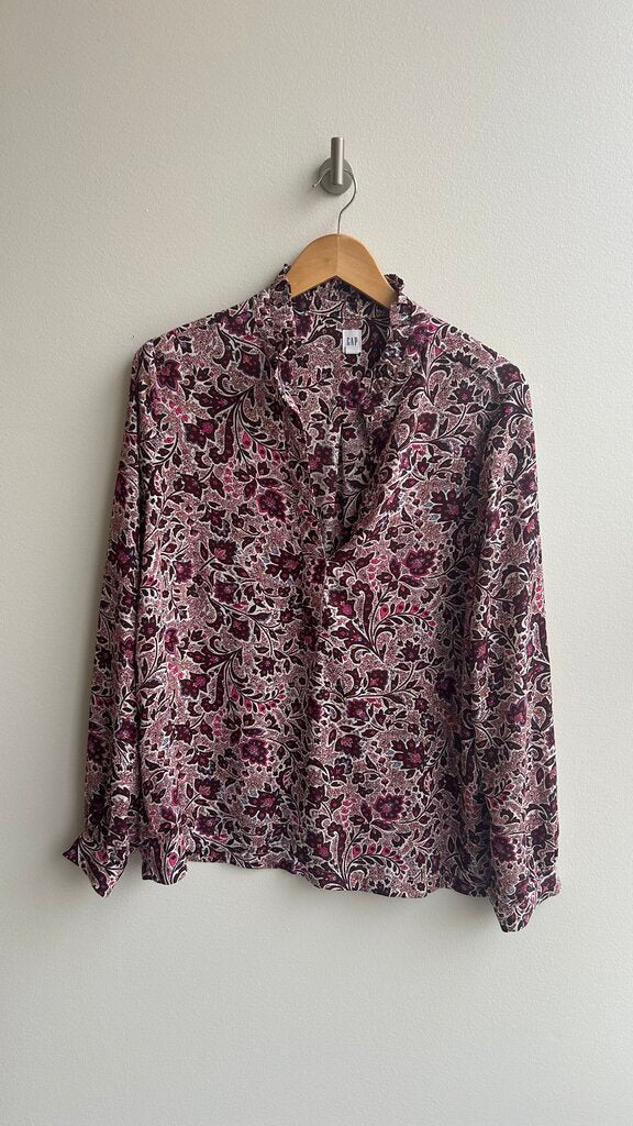 Pre-Owned Gap Purple/Pink Floral Print Long Sleeve V-Neck Blouse- Size Large