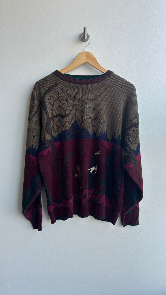 Pre-Owned U.S. Polo Association Green/Red Tree Printed Knit Sweater- Size Large