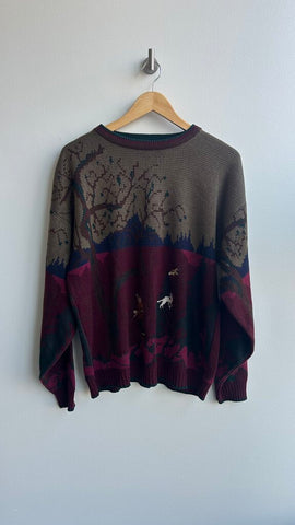 Pre-Owned U.S. Polo Association Green/Red Tree Printed Knit Sweater- Size Large