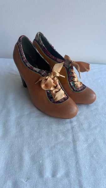 Pre-Owned Poetic Licence Mustard Ribbon Lace Up Plaid Detail Heeled Shoe- Size 38.5