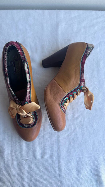 Pre-Owned Poetic Licence Mustard Ribbon Lace Up Plaid Detail Heeled Shoe- Size 38.5
