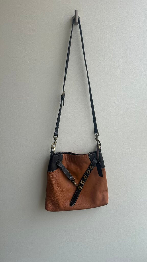 Pre-Owned Aqua Madonna Tan with Black Accents Genuine Leather Crossbody Purse