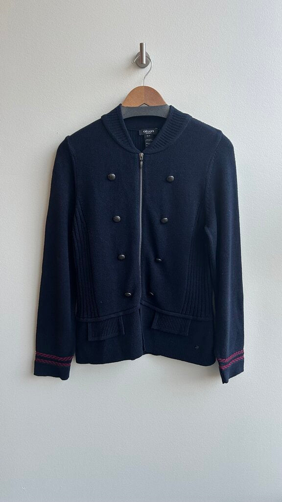 Pre-Owned Olsen Europe Navy Knit Zip Up Faux Double Breasted Buttons Red Trim Sleeve Sweater- Size Medium