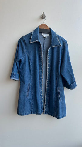 Pre-Owned Bleu Bayou Light Wash Denim 3/4 Sleeve Gem Lined Collared Jacket- Size Medium