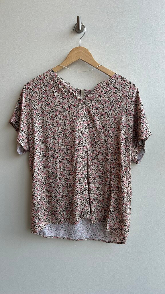 Pre-Owned Soyaconcept Beige with Pink Floral Print Notched Neck Short Sleeve Blouse- Size Medium