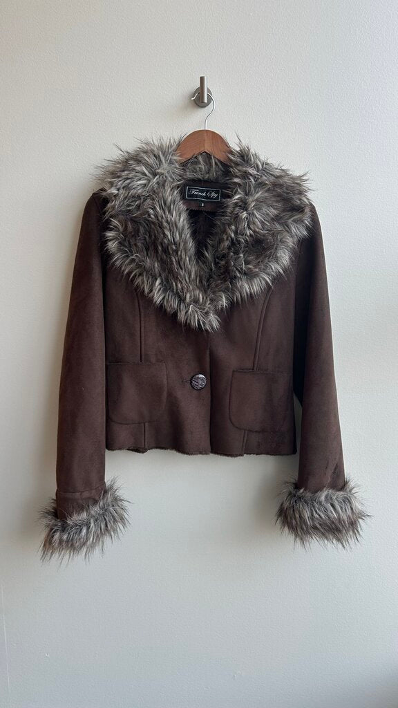 Pre-Owned French Spy Brown Suede Faux Fur Short Jacket with Buttons - Size 8