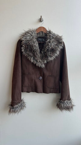 Pre-Owned French Spy Brown Suede Faux Fur Short Jacket with Buttons - Size 8