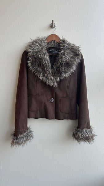 Pre-Owned French Spy Brown Suede Faux Fur Short Jacket with Buttons - Size 8