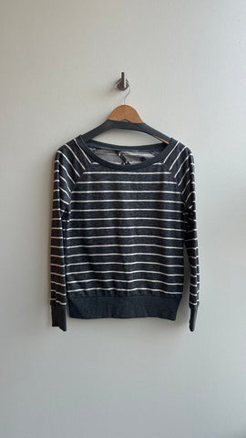 Pre-Owned Element Grey with White Stripes Open Crossover Back Crew Neck Sweater- Size Small