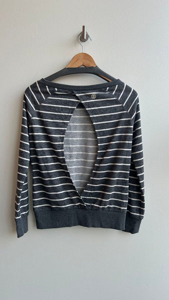 Pre-Owned Element Grey with White Stripes Open Crossover Back Crew Neck Sweater- Size Small