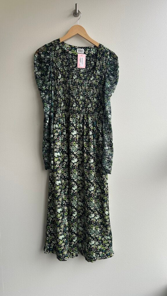 Pre-Owned Scotch & Soda Green Floral Mesh Puff Long Sleeve Smocked Waist Maxi Dress - Size Small