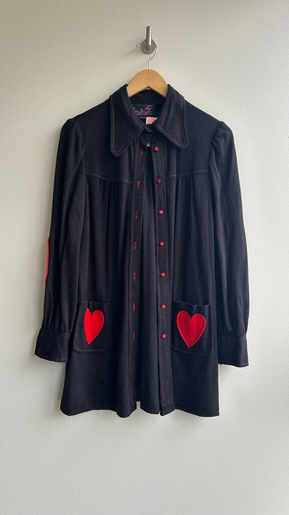 Pre-Owned L'Atelier Black Button Up Red Heart Pockets Collared Dress- Size Small (Estimated)