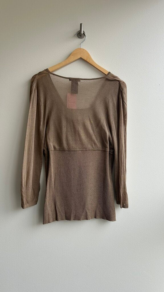 Pre-Owned Alfani Tan Mesh 3/4 Sleeve V-Neck Blouse- Size Large