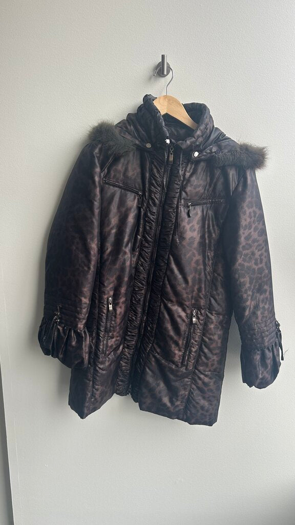 Pre-Owned Marcona Dark Cheetah Print Down Puffer Jackey with Silver Zipper Detail - Size Medium