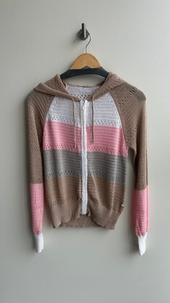Pre-Owned Point Zero Pink White Grey Beige Striped Knit Long Sleeve Zip Hooded Sweater - Size Small (Estimated)