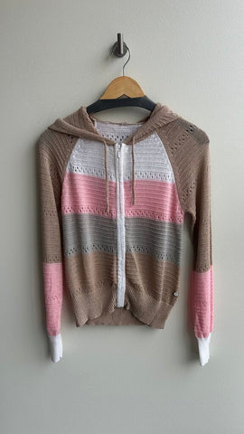 Pre-Owned Point Zero Pink White Grey Beige Striped Knit Long Sleeve Zip Hooded Sweater - Size Small (Estimated)
