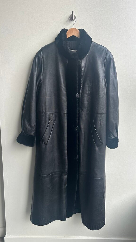 Pre-Owned Marvin Richards Leather Lined Faux Fur Trim Full Length Coat - Size Small