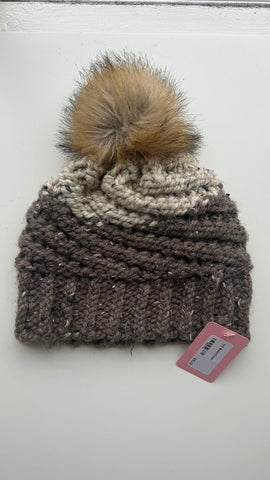 Pre-Owned Brown/Cream Knit Pom Pom Beanie