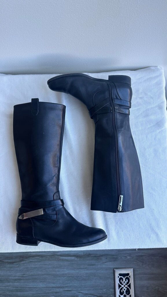 Pre-Owned Calvin Klein Black Leather Silver Hardware Riding Boots - Size 7.5