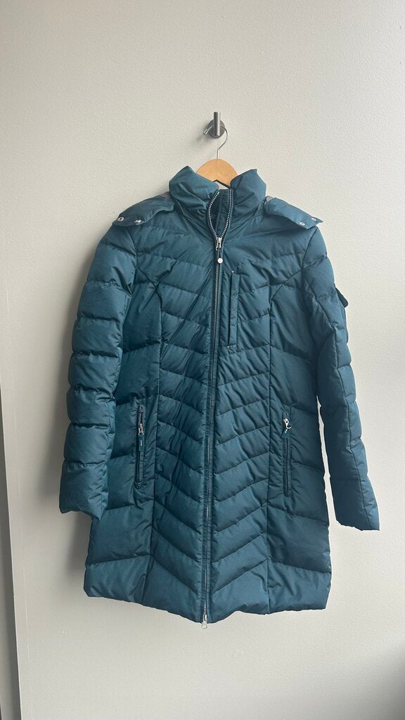 Pre-Owned Eddie Bauer Shiny Teal Down Insulated Long Puffer Coat - Size Medium
