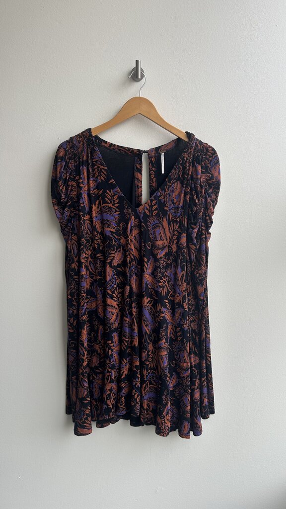 Free People Black w/ Rust Floral Print Long Sleeve Puff Shoulder Ruffle Hem Dress - Size Medium