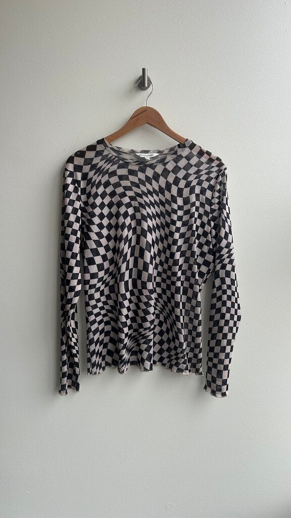 Pre-Owned Davi & Dani Black/White Checkered Mesh Long Sleeve Top- Size Large