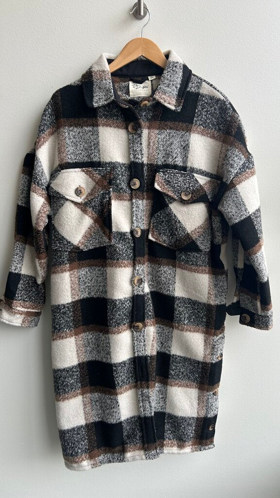Pre-Owned RD Style Grey/White/Black/Tan Plaid Long Shacket - Size Small