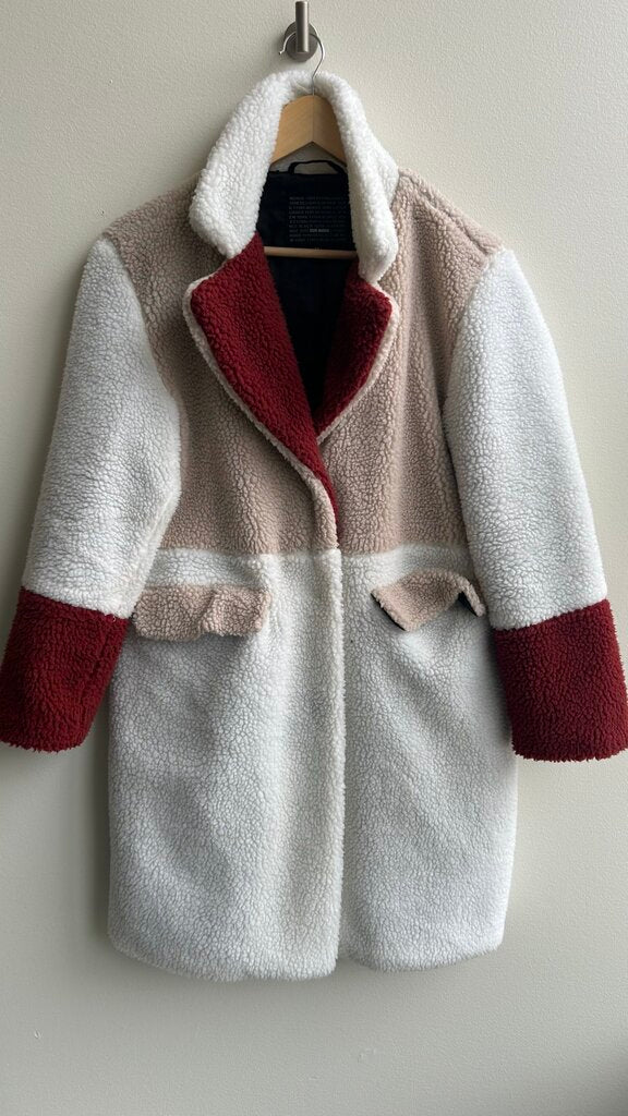 Pre-Owned Steve Madden White/Red/Tan Teddy Button Up Jacket- Size Small