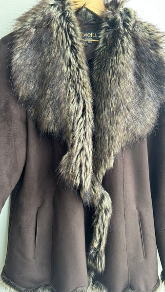 Pre-Owned Novelti Brown Faux Fur Lined Wide Sleeve Cross Over Button Coat- Size Medium