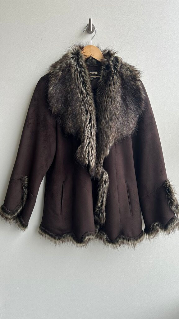 Pre-Owned Novelti Brown Faux Fur Lined Wide Sleeve Cross Over Button Coat- Size Medium