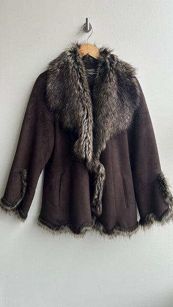 Pre-Owned Novelti Brown Faux Fur Lined Wide Sleeve Cross Over Button Coat- Size Medium