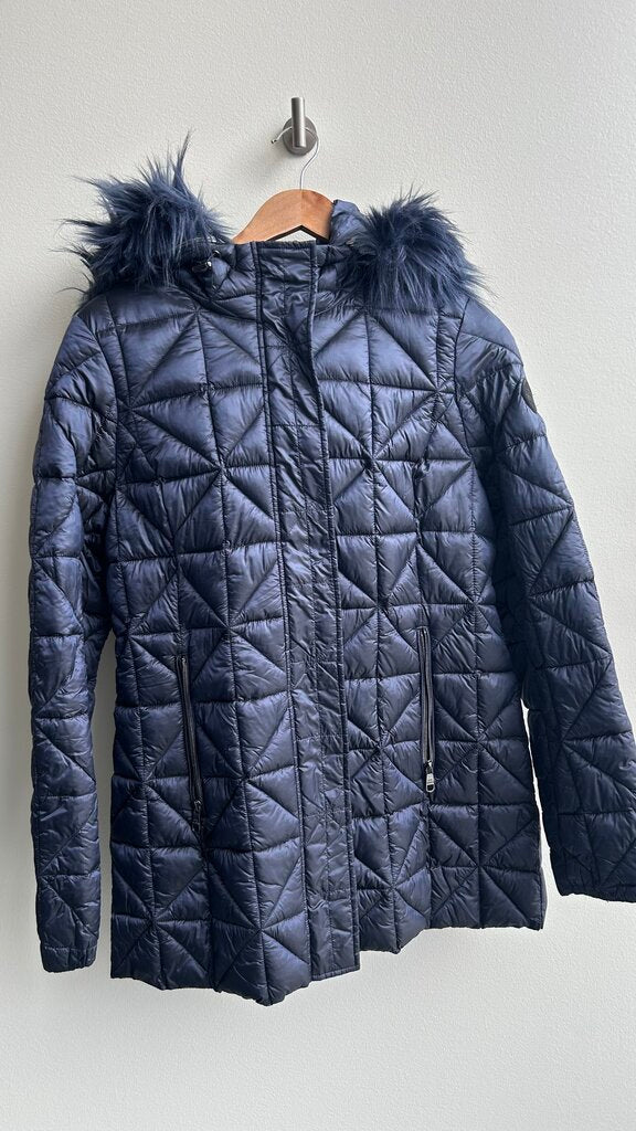 Pre-Owned Steve Madden Blue Puffer Faux Fur Hood Coat- Size Medium