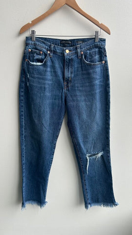 Pre-Owned Modern American Mid Wash Distressed Fringe Ankle 'Highland' Boyfriend Jeans - Size 29