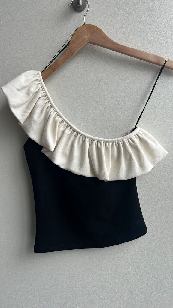 Pre-Owned H&M Black with Off-White Ruffle One Shoulder Top (NWT)- Size X-Small