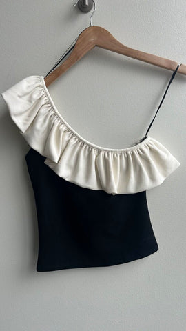 Pre-Owned H&M Black with Off-White Ruffle One Shoulder Top (NWT)- Size X-Small
