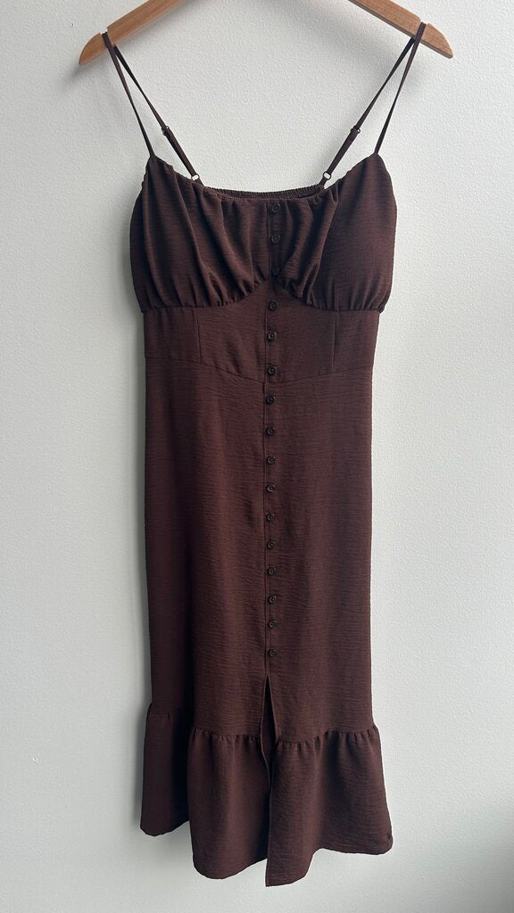 Pre-Owned Brown Ruffle Trim Faux Button Up Adjustable Straps Dress- Size Large